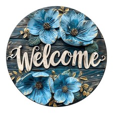 Flower Welcome Round Metal Sign Floral Door Sign Farmhouse Rustic Wreath Wall...
