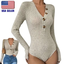 Sexy Women Knitted Thermal Bodysuit Long Sleeve Button V-Neck Plain Leotard Tops