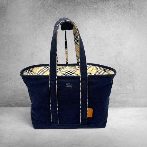 Burberry Blue Label Canvas Tote Bag Navy Check Horse Used Authentic