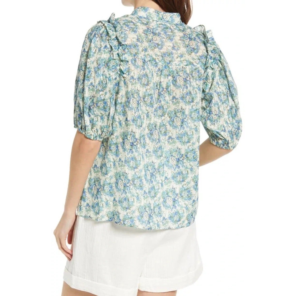FRNCH Olga Floral Print Cotton Ruffle Top NWT XS Blue Green