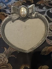 Vintage Silver Tone Heart Photo Frame Victorian Faux Pearl 5x5 Free Standing New