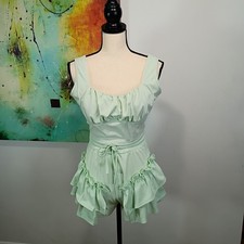 Mint Green 2 PC Cropped Pleated Tank And Ruffle Shorts Set