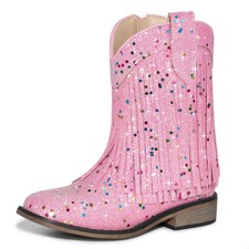 Fringe Cowgirl Boots, Glitter Cowboy Boots for Girls, Square Toe Kids Sparkle...