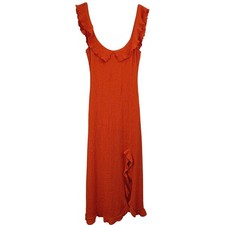 FP Beach Free People TWISTED GAME Orange Ruffle Trim Midi Dress Textured S WOMEN