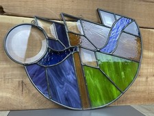 VTG. HANDCRAFTED STAINED GLASS PANEL MOUNTAIN LANDSCAPE SUN-CATCHER BLUE/GREEN
