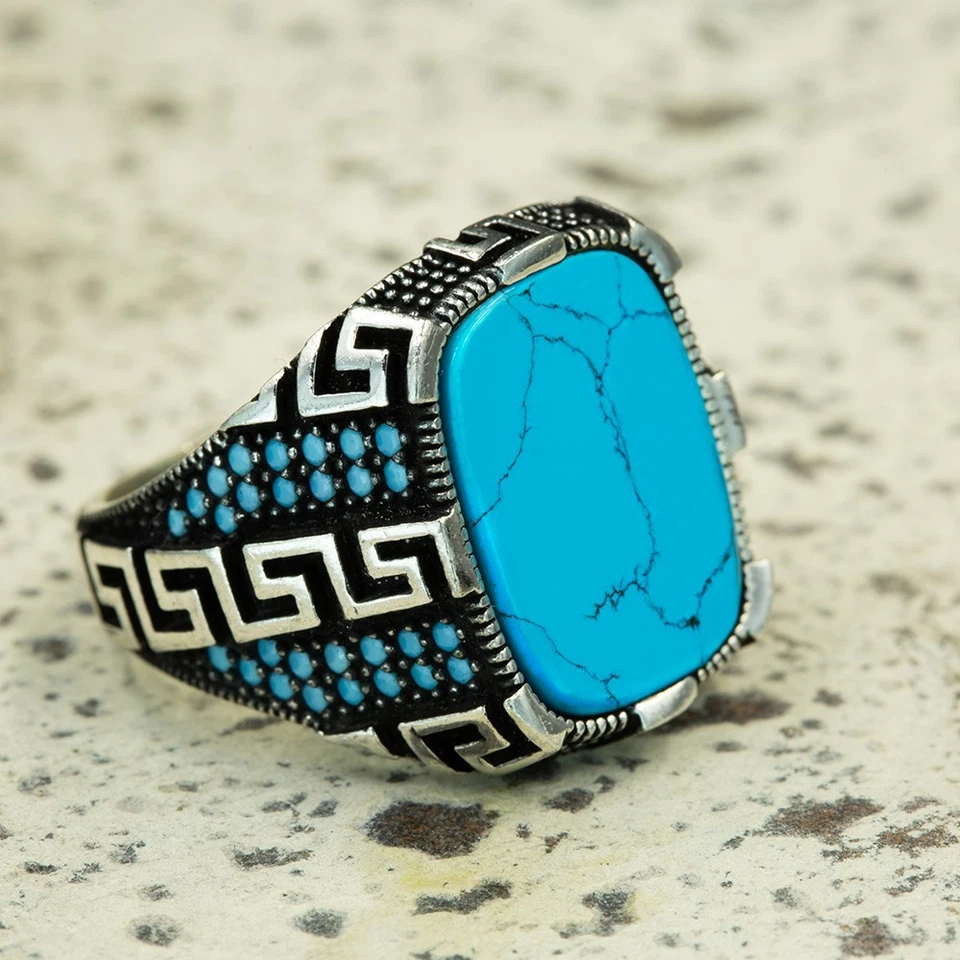 Anillo de plata de ley 925 con piedras preciosas de turquesa natural hecho a mano para hombre Foto 3 de 4