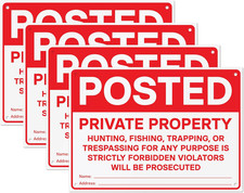 Private Property No Hunting No Trespassing Signs 4 Pack PVC 14x10 In Warning Set