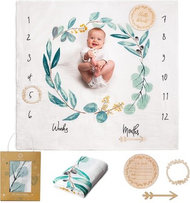 Baby Meilensteindecke | Baumwoll Musselin Swaddle Decke | Monatliche Fotomatte für N