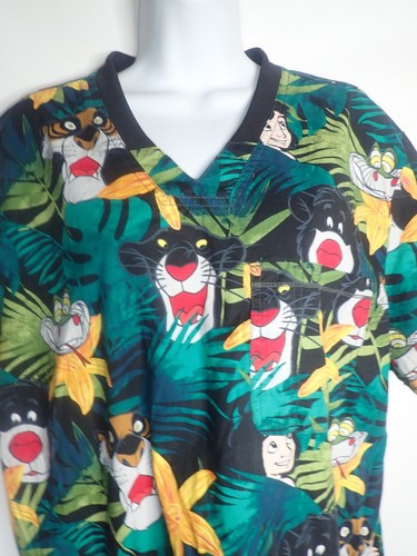 Disney's The Jungle Book NOVELTY PRINT SCRUBS TOP XL Mowgli Baloo Shere Khan - Picture 4 of 6