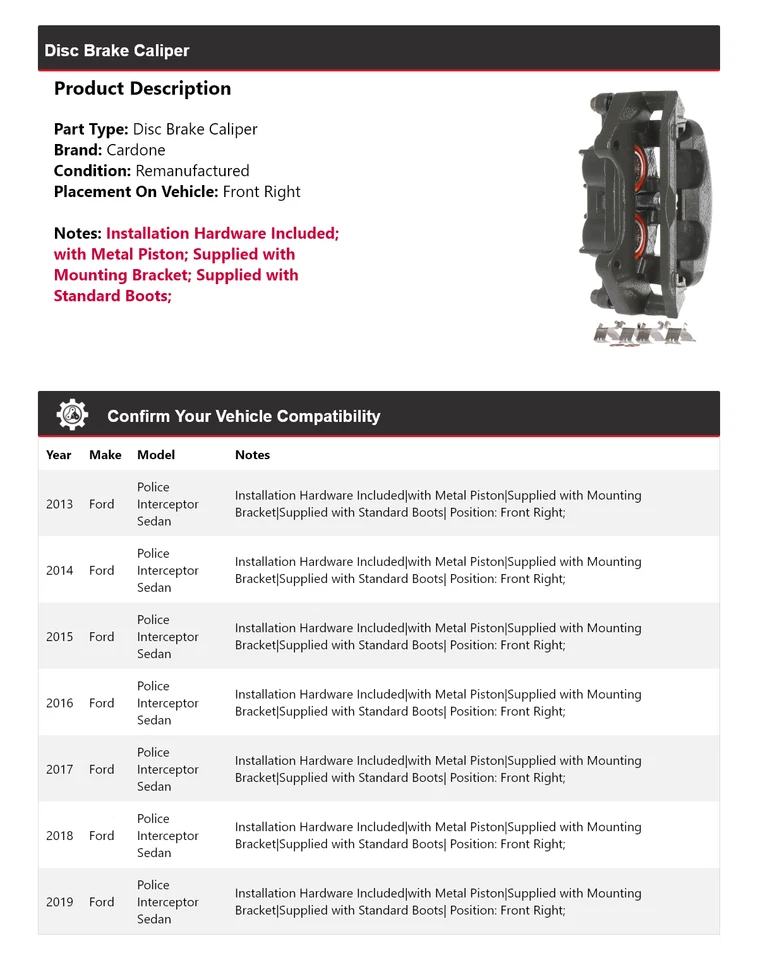 Pinza de freno de disco para Ford Police Interceptor 2013-2019 sedán para cardone derecho Foto 2 de 4