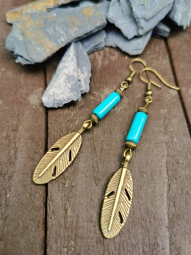 TURQUOISE BEADS and Tibetan Bronze Feather Dangly Earrings Boho Festival Hippie - Picture 4 of 4