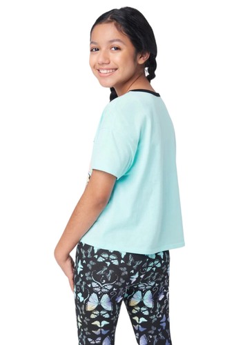 Justice Girls Top Aqua 7-8 Pullover Short Sleeves Front Butterfly Graphic Logo - Picture 3 of 10