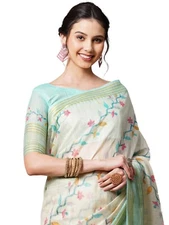Women's Linen Floral Printed Saree with Unstitched Blouse Piece