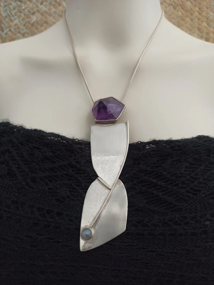 OOAK Silver Necklace Modernist Abstract Bold Artisan Pendant Rock Amethyst 925 - Image 2 of 4