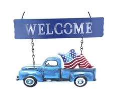 USA Truck Hanging Metal Welcome Door Sign American Flag Rustic Farmhouse