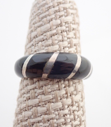 Vintage Black Onyx Inlay Sterling Silver Band Ring Sz 5 | eBay
