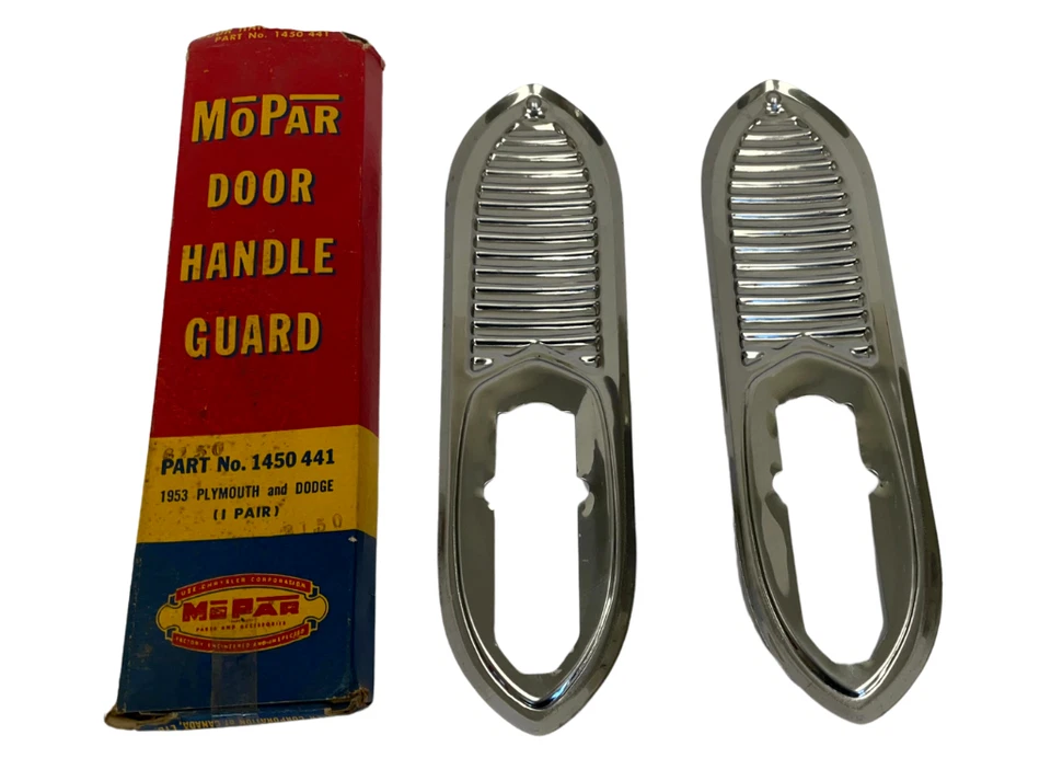 Dodge Plymouth 1953 protector de manija de puerta bisel cromado cubierta par 1450441 nuevo en stock Foto 2 de 4