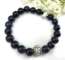 Blue Goldstone beaded stretch boho bracelet with lion pendant 9mm beads