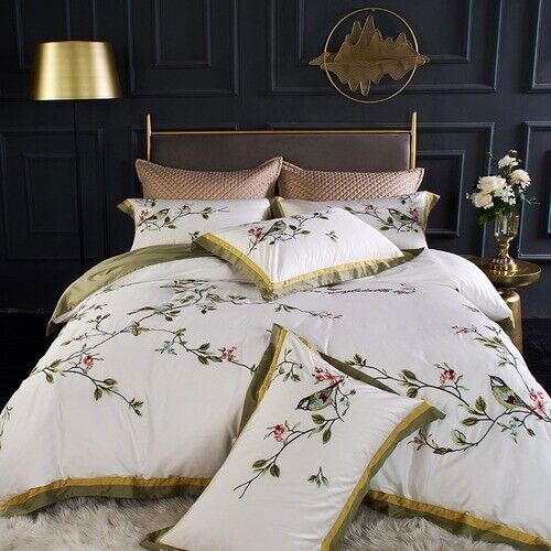 Chinese Flower Bird Embroidery 100S Egyptian Cotton Cover Bed Sheet Bedding Set