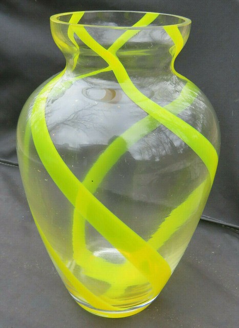 LRG GORGEOUS DESIGNS Clear Blown Glass Vase With Yellow Green Swirl 9 3 