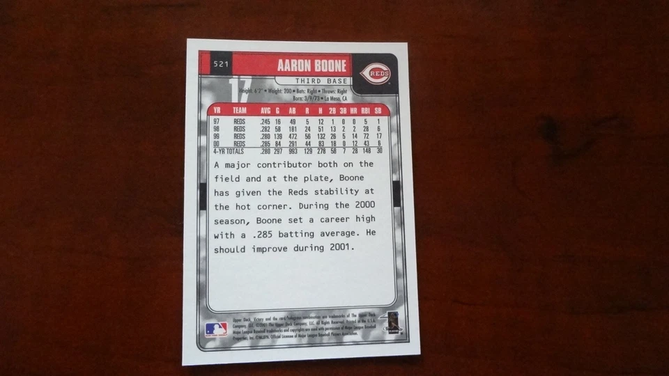 2001 UPPER DECK VICTORY # 521 AARON BOONE   BASEBALL CARD - Image 2 of 2