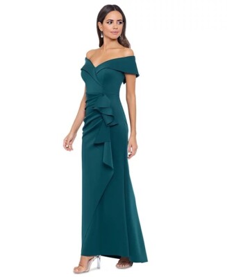 XSCAPE Petite Off-The-Shoulder Ruffle Gown Hunter Size 16P $279
