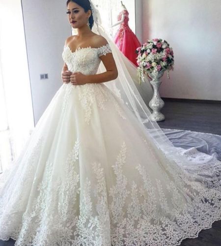 White Ivory Wedding Dresses Off the Shoulder Lace Appliques Elegant Bridal  Gowns