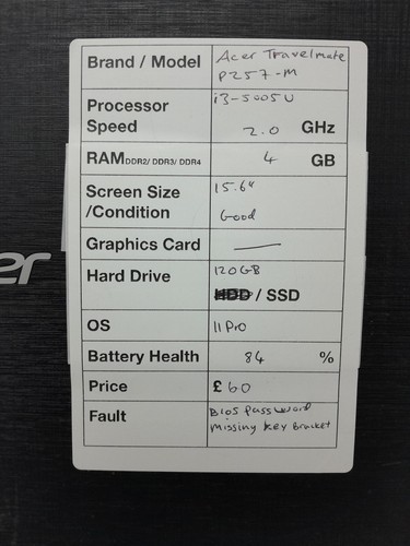 Acer Windows Laptop TravelMate P257 Series N15Q1 - i3-5005U @ 2.0GHz - 4GB RA... - Picture 3 of 8