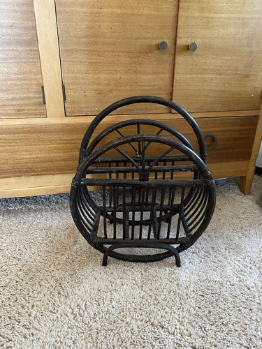 Vintage Boho Bent Rattan Bamboo Natural Wood Magazine Rack Holder Round - Picture 11 of 13
