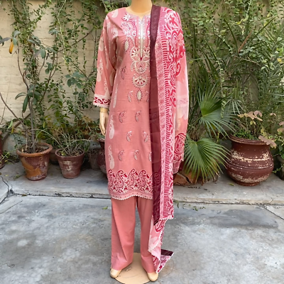 Pakistani Tea Pink Printed Straight Shirt 3-PCS Lawn Suit / Threadwork ,S |  eBay