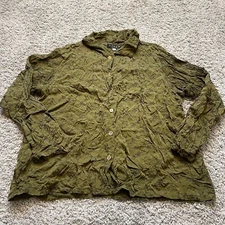 Citron Santa Monica Green Button Down Blouse Rayon Embroidered Large