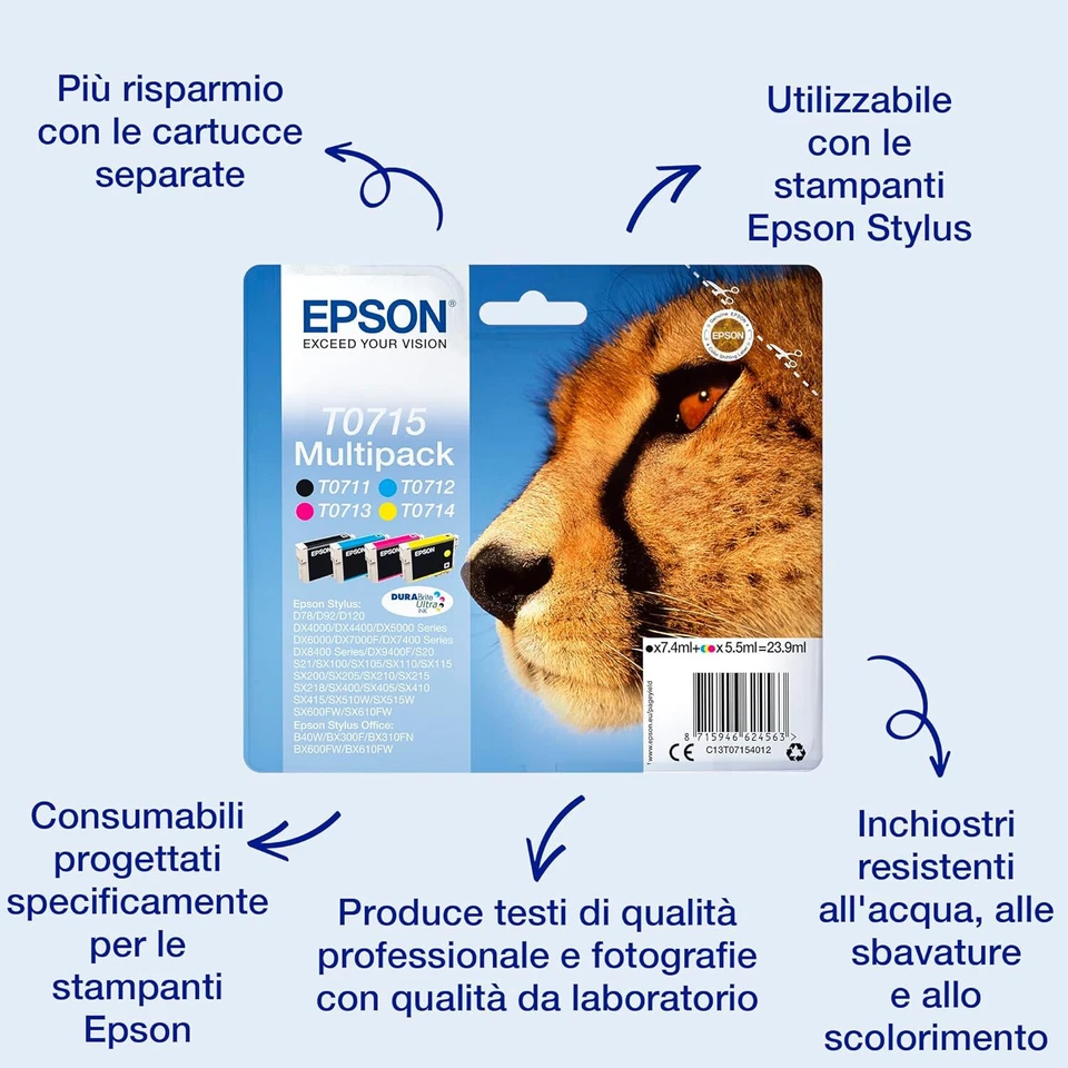 Epson Ghepardo Serie T0715 Multipack 4 Colori Nero Ciano Magenta Giallo original - Immagine 3 di 4