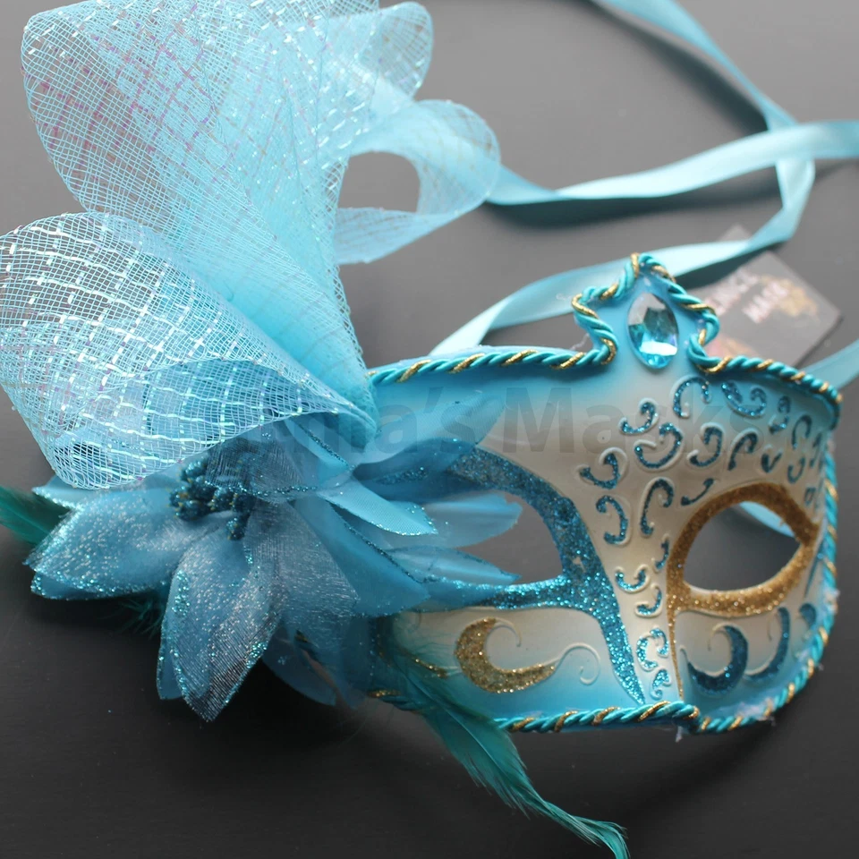 Aqua Blue Floral Venetian Masquerade Mask Party Prom Wedding Halloween Costume - Image 3 of 3