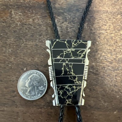 Navajo Bolo Tie Black Onyx Pyrite Inlay Lge Native American Indian Ties #L