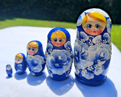 Russian Wooden Blue & White Matryoshka Nesting Dolls Set of 5 with Floral Design