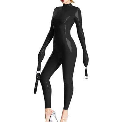 PVC Leder Bondage Jumpsuit Party Club Cosplay Kostüm volle Ärmel schlank Catsuit