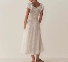 NEW Women Doen Tie Neck Embroidered Puff Sleeve Midi Dress White