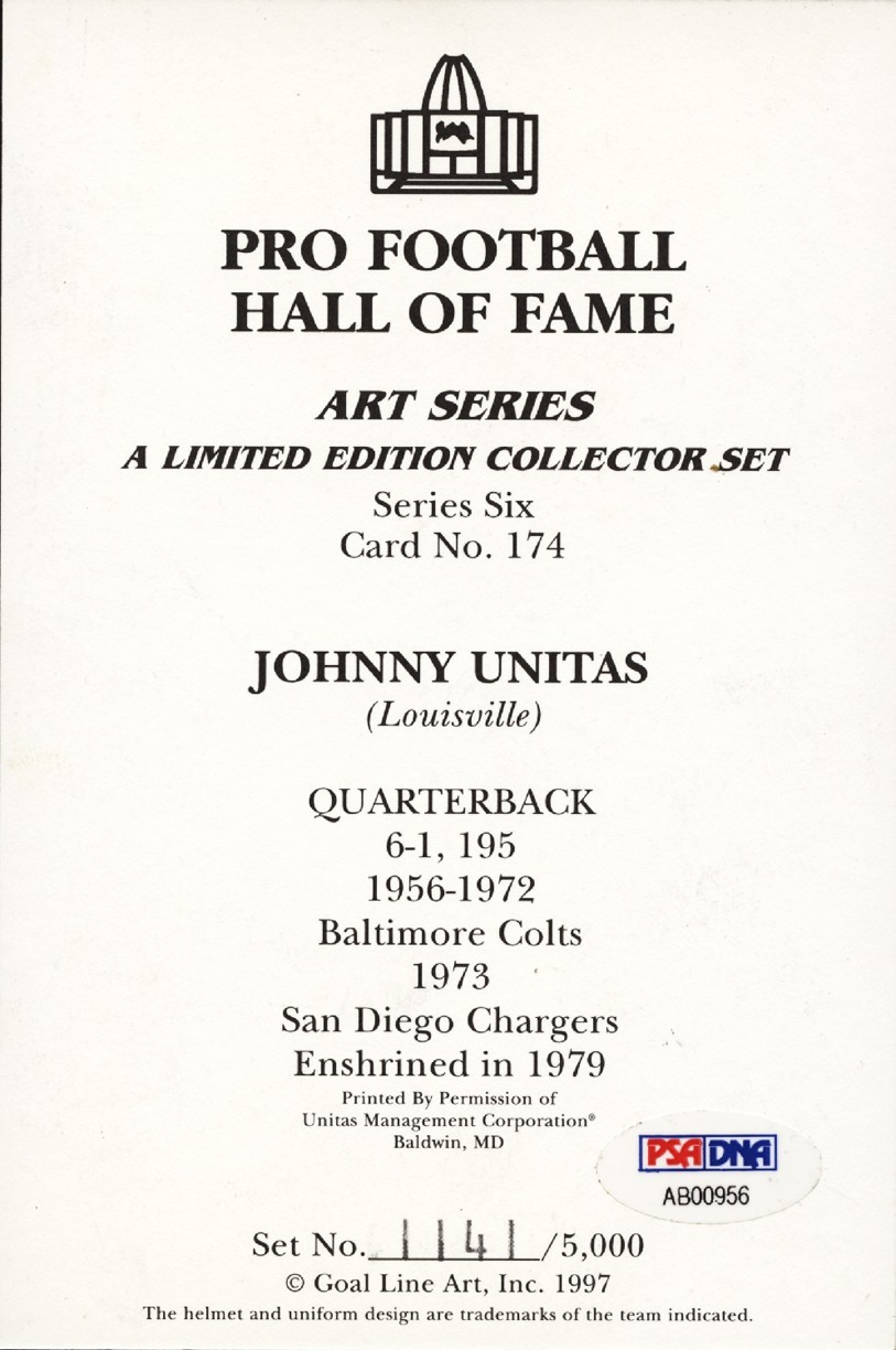 *MINT* 1997 Johnny Unitas Signed Goal Line Art Card GLAC PSA/DNA view 2