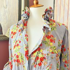 Upcycled Re-worked Romantic Kiki Sol Gray Floral Linen Ruffle Collar Shirt XL