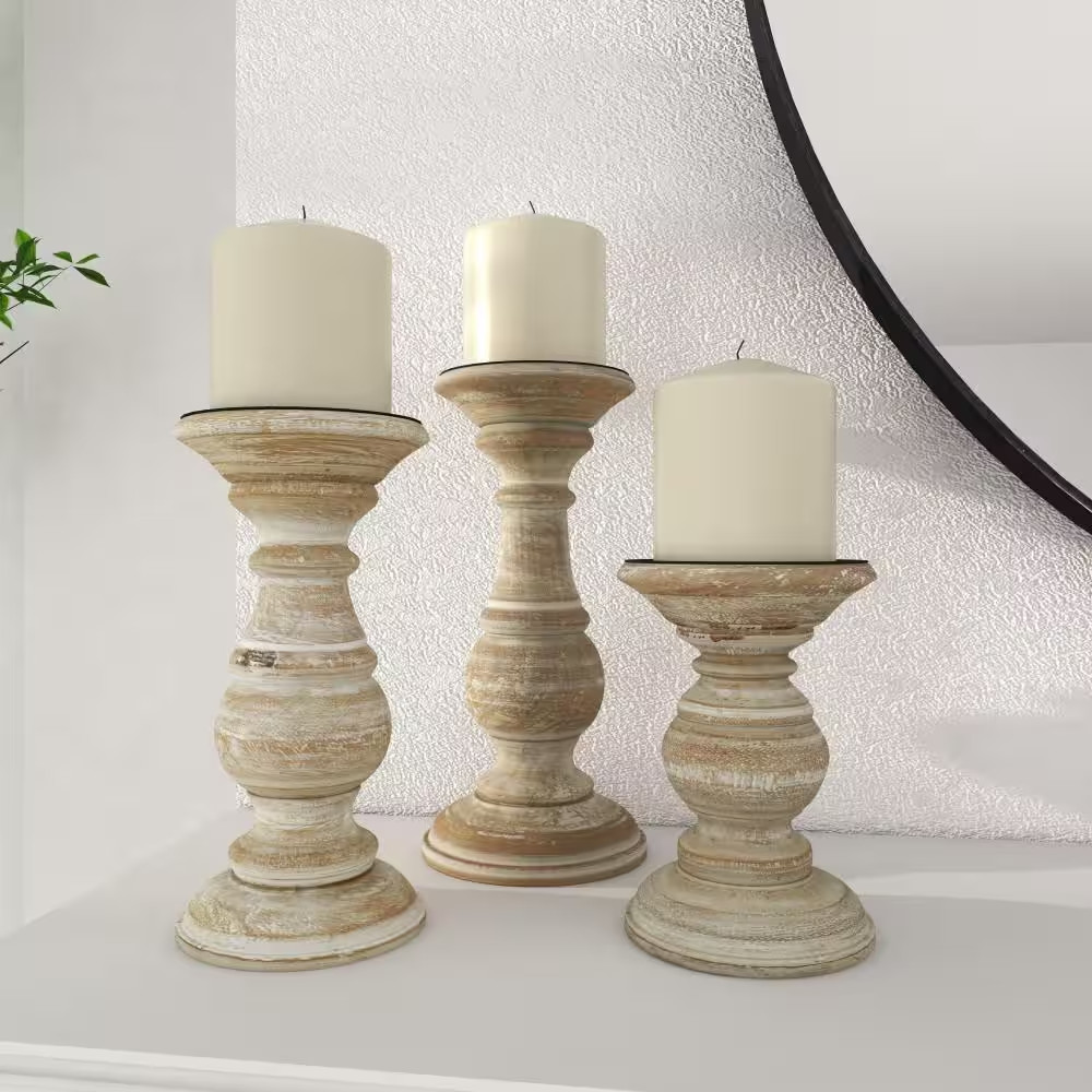 Cream Mango Wood Turned Style Pillar Candle Holder (Set of 3)