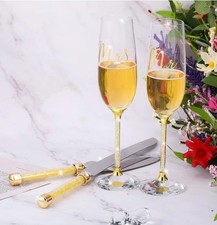 Wedding Knife and Server, Crystal Glasses Mr Mrs, Cake Cutting Set Gold