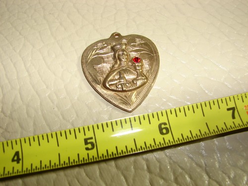 Vtg Copper Brass Saint Barbara Heart Pendant w/ Red Ruby, 1 1/4"