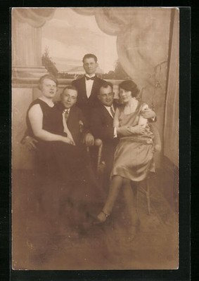 Photo postcard celebrating people on the balcony, studio backdrop 