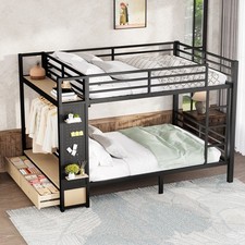 Queen over Queen size Metal Bunk Bed w/Storage Shelves,Drawers Pegboard Black