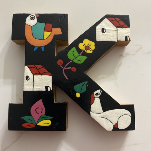 Letter K Salvadoran Painted Wood 4" Black w colorful bird, houses, flowers
