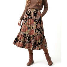 70s Strawberry Plant Velvet Floral Skirt Dorothy Schoelen Midi Ruffle Hem XS/ S