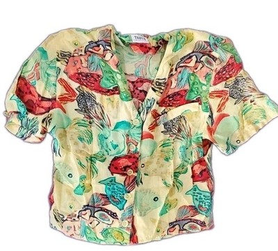 Taifun Women's Shirt Sz 38 (S) Multico Art To Wear Short Sleeve V-Neck Koi Fish 