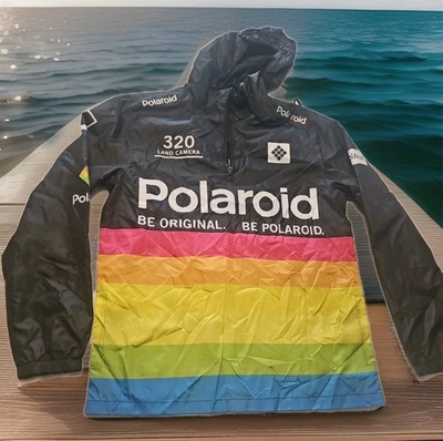 Polaroid Windbreaker Large Jacket Zip Rainbow Retro Black 320 Land Camera Hood