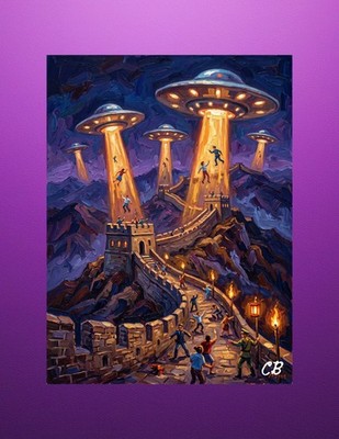 UFO Abduction Great Wall ACEO | China Folk Art | Purple Alien Invasion Card