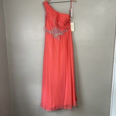 NWT Eureka Bejeweled One Shoulder Coral Formal Gown Long Ball Dress Sz Large